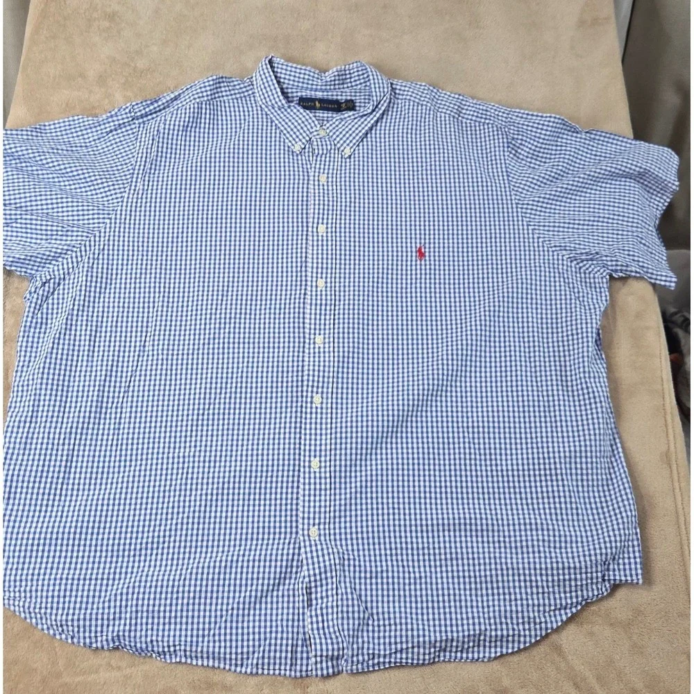 Polo Ralph Lauren Seersucker Shirt Men 4XB Big Blue Gingham Plaid Button Down